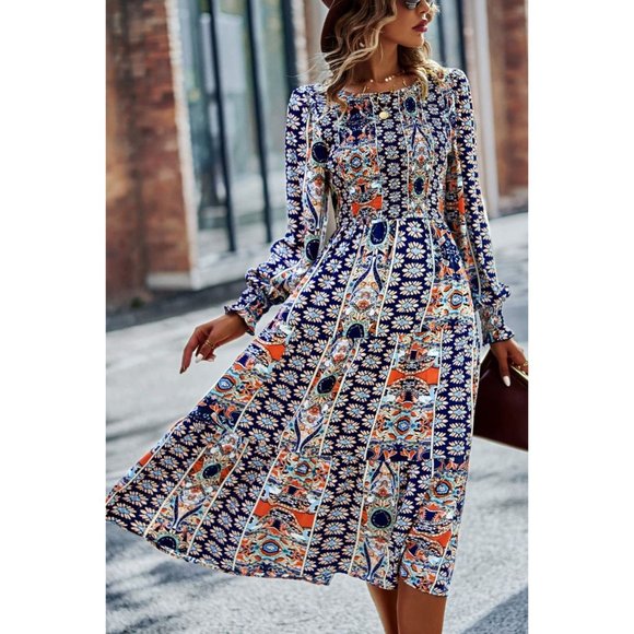 Patchwork Smocked Puff Sleeve Tiered Midi Dress - Picture 3 of 15